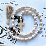 Easter Wood Bead Garland with Tassels,Farmhouse Rustic Natural Wooden Beads Tassel String,Boho Prayer Beaded Garlands with Cross for Vase Tiered Tray Wall Home Decor Gift
